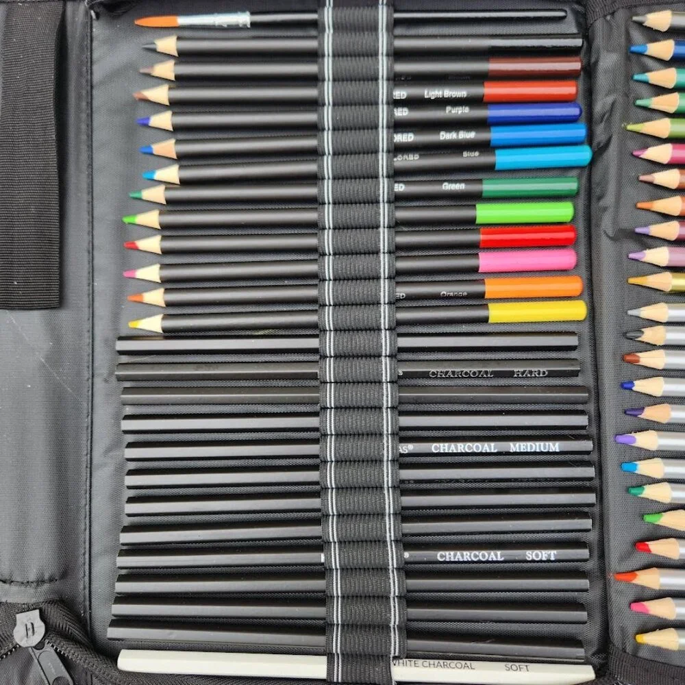 NEW 74 Piece Art Kit Supplies Watercolor Pencils Charcoal Travel Case Colored Pe